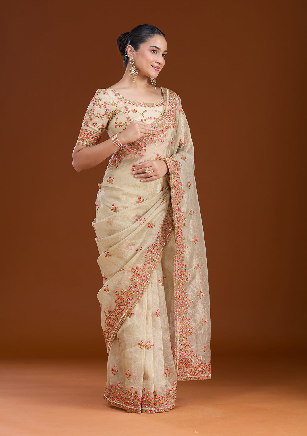 Beige Threadwork Tissue Saree