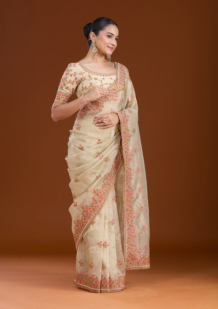 Beige Threadwork Tissue Saree