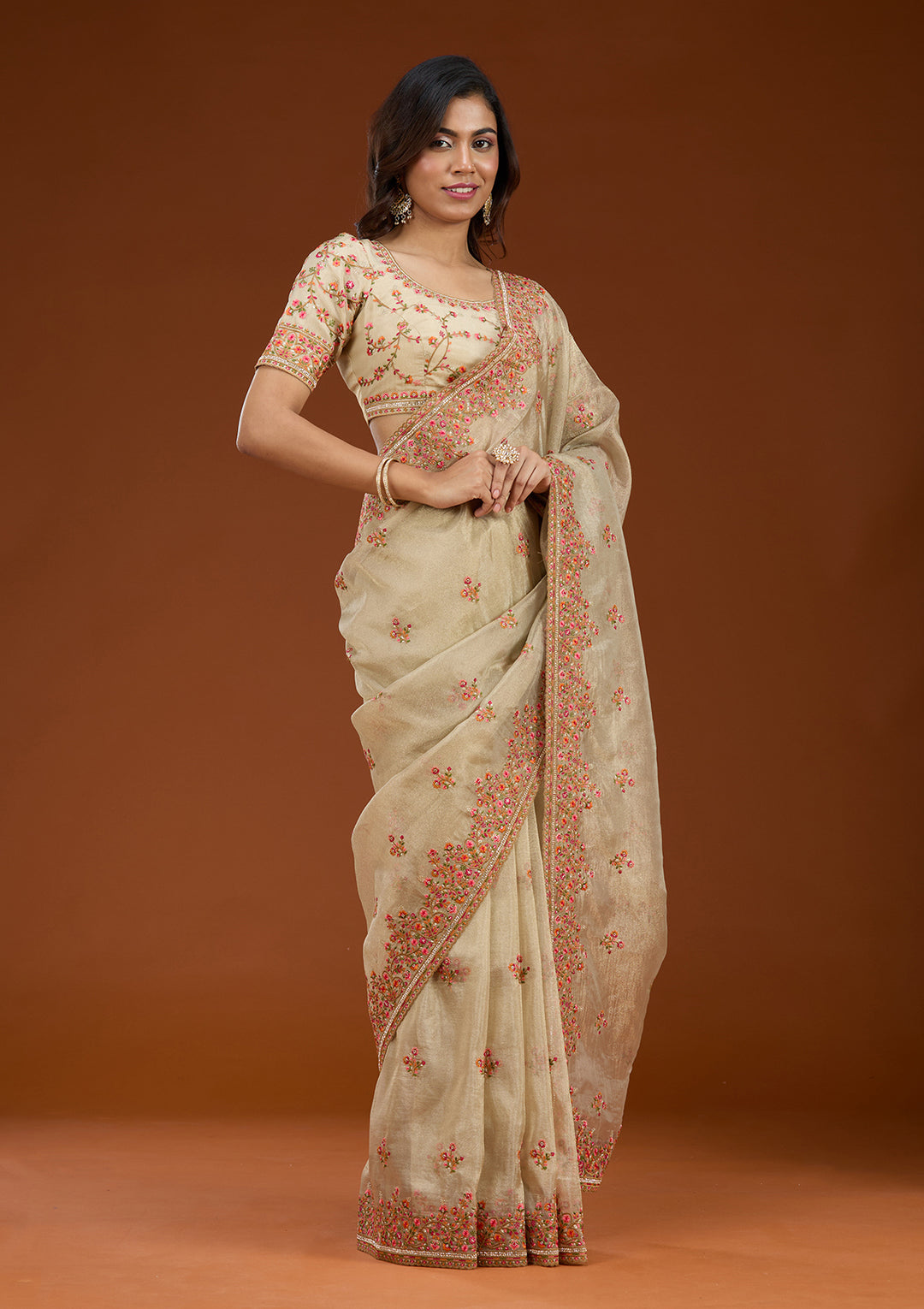 Beige Threadwork Tissue Saree