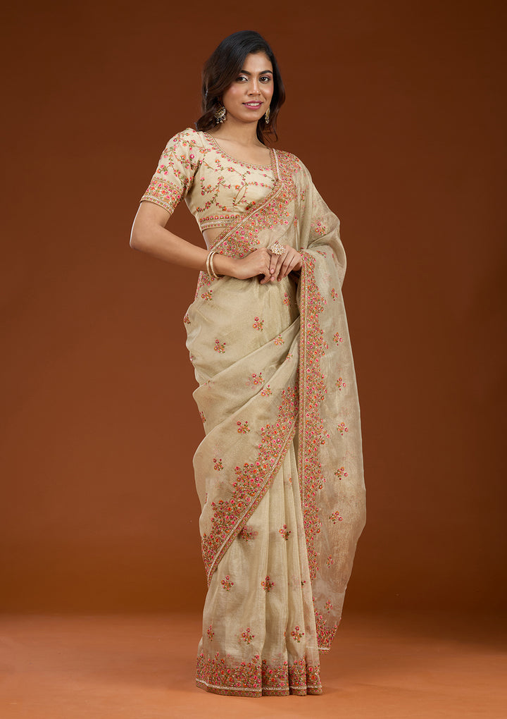 Beige Threadwork Tissue Saree