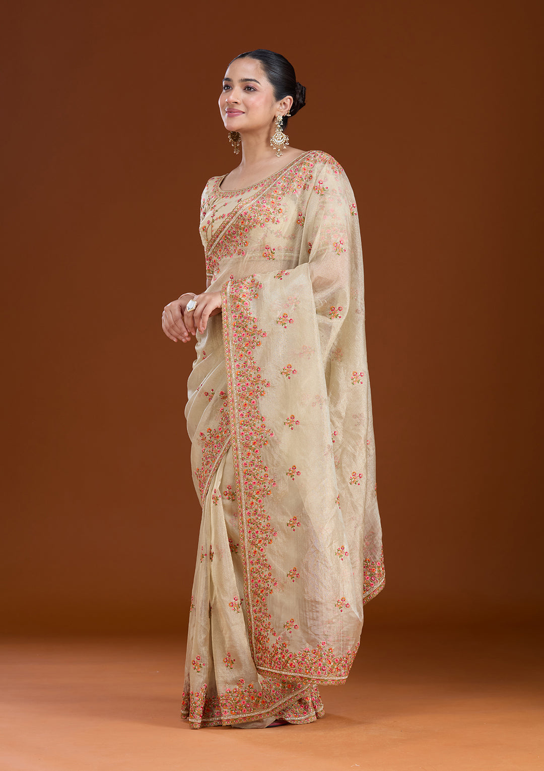 Beige Threadwork Tissue Saree