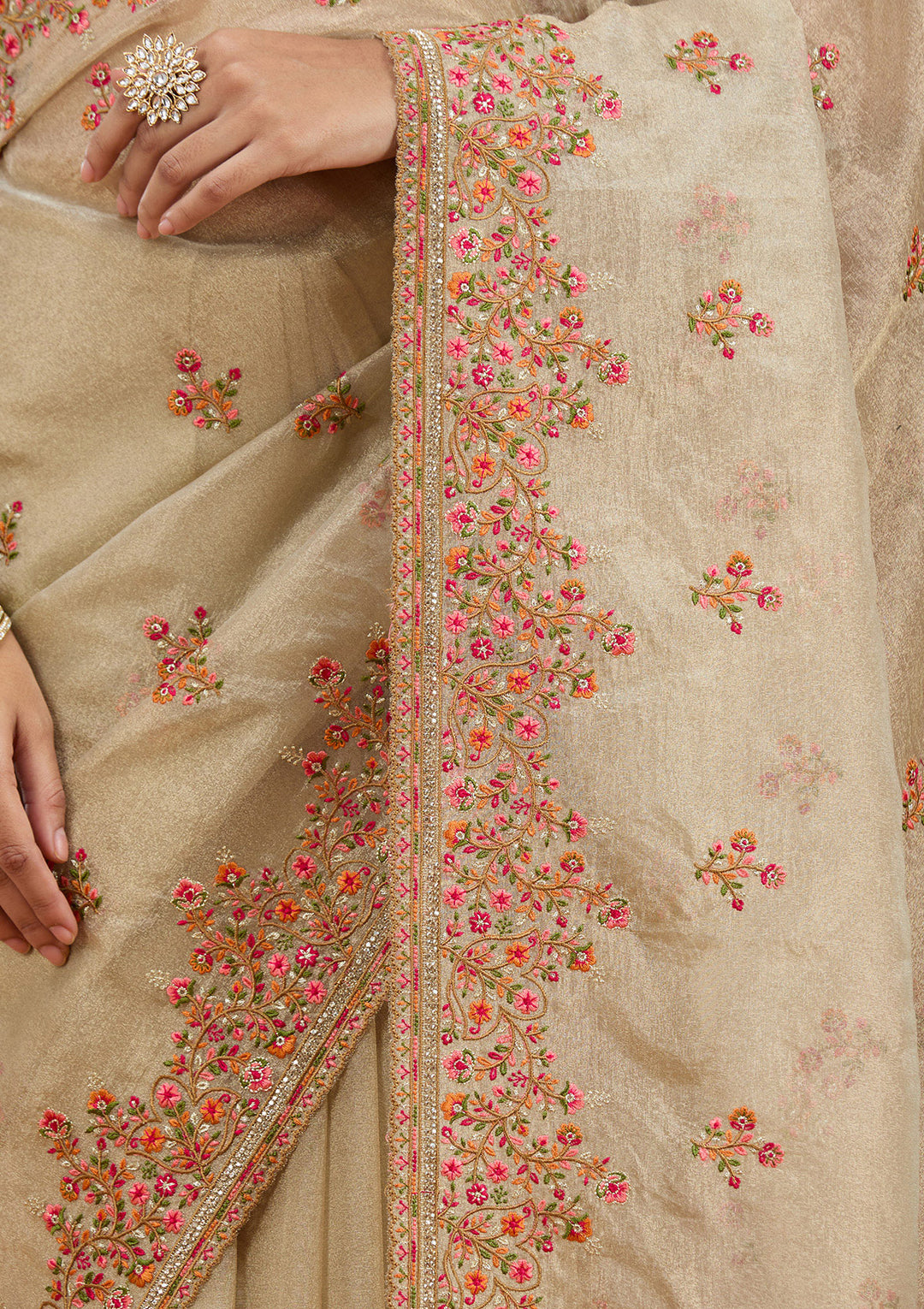 Beige Threadwork Tissue Saree