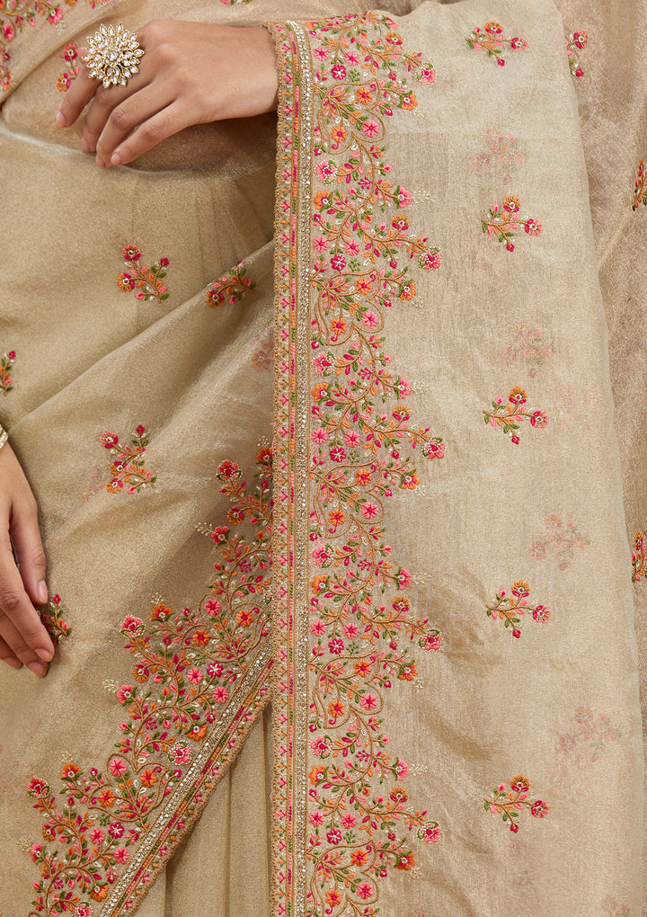 Beige Threadwork Tissue Saree