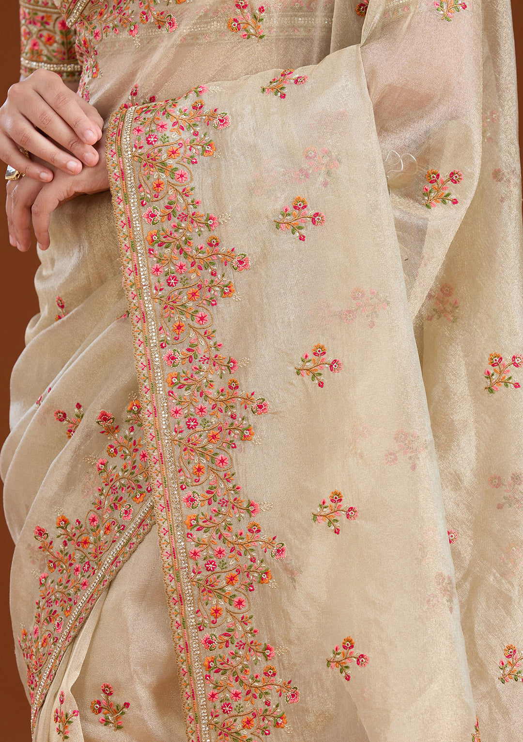 Beige Threadwork Tissue Saree