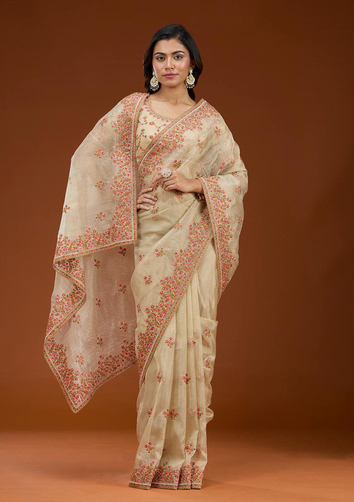 Beige Threadwork Tissue Saree