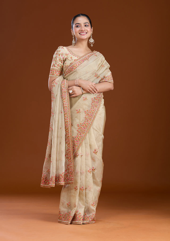 Beige Threadwork Tissue Saree