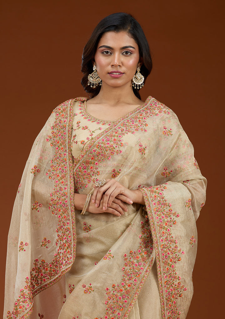 Beige Threadwork Tissue Saree