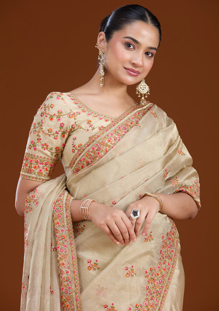 Beige Threadwork Tissue Saree