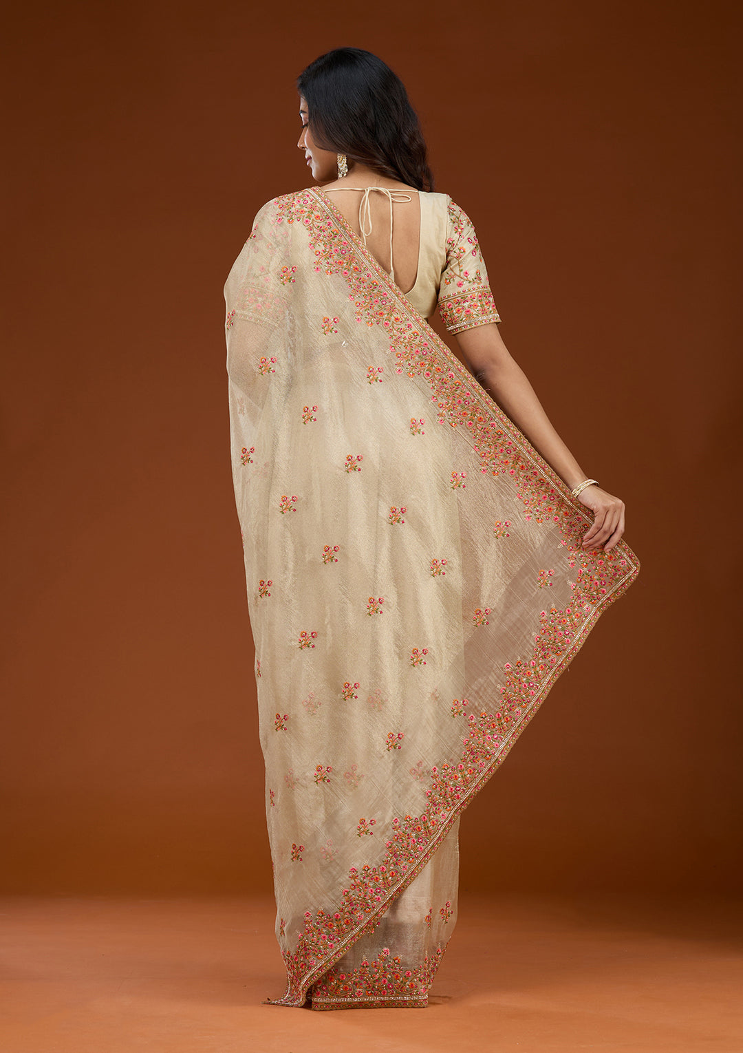 Beige Threadwork Tissue Saree