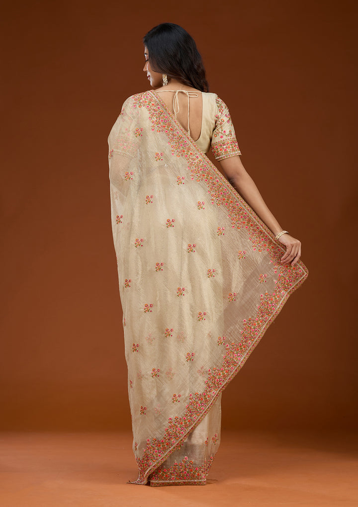 Beige Threadwork Tissue Saree