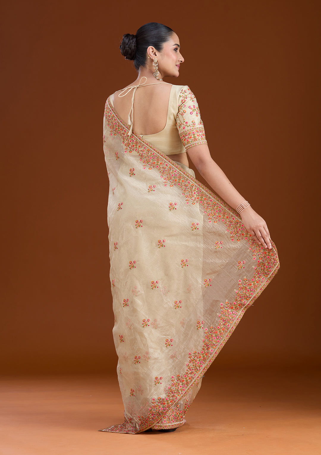 Beige Threadwork Tissue Saree