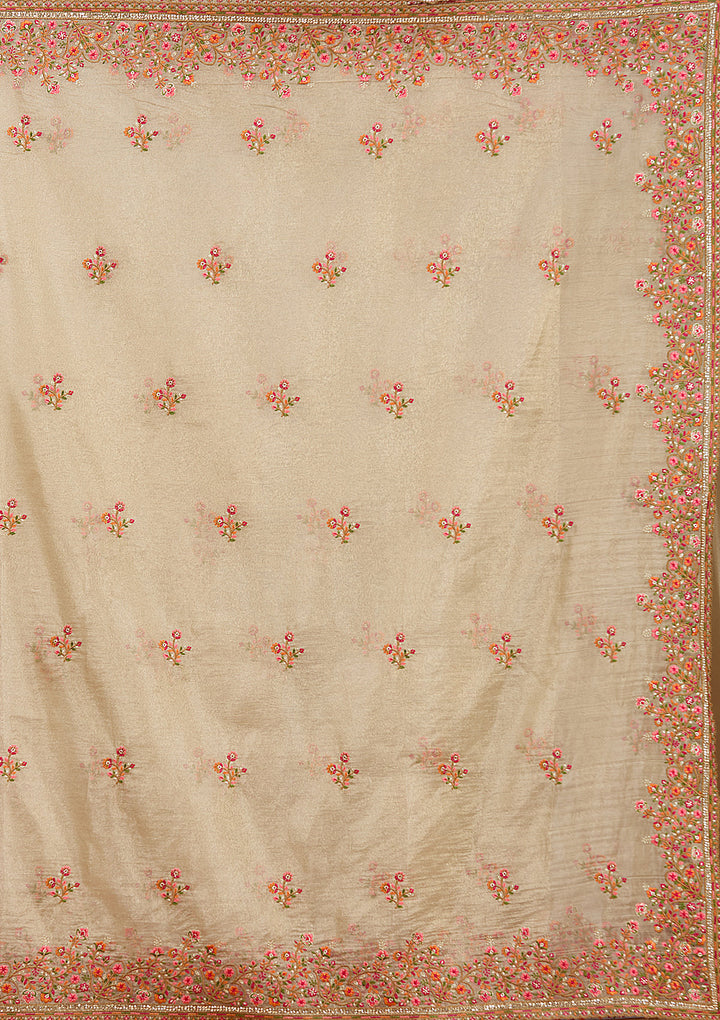 Beige Threadwork Tissue Saree