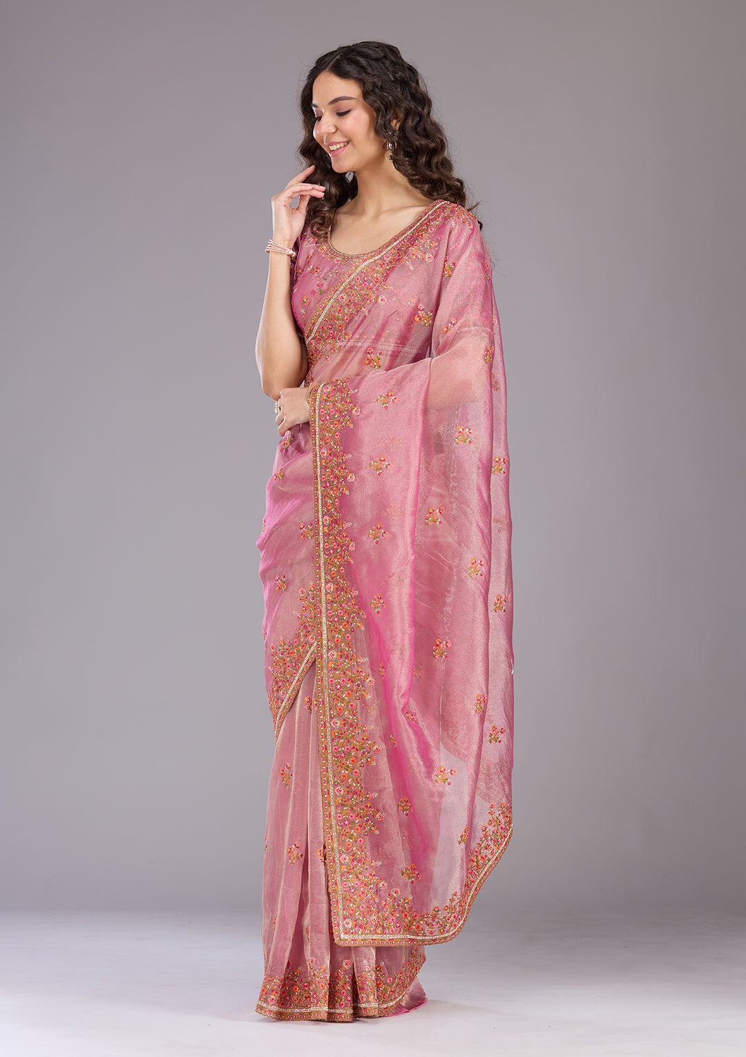 Onion Pink Threadwork Tissue Saree