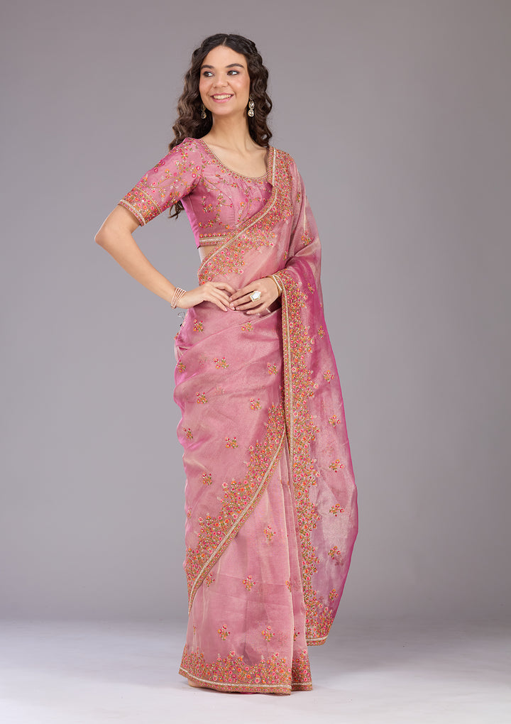 Onion Pink Threadwork Tissue Saree