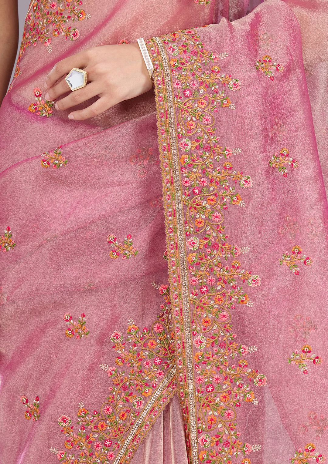 Onion Pink Threadwork Tissue Saree