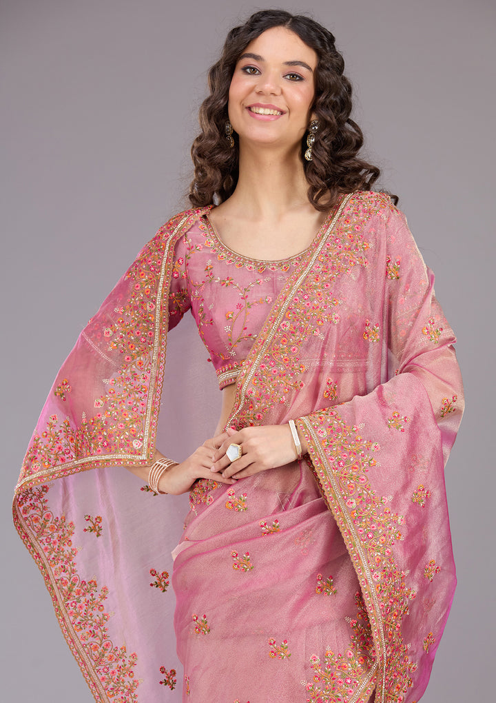 Onion Pink Threadwork Tissue Saree