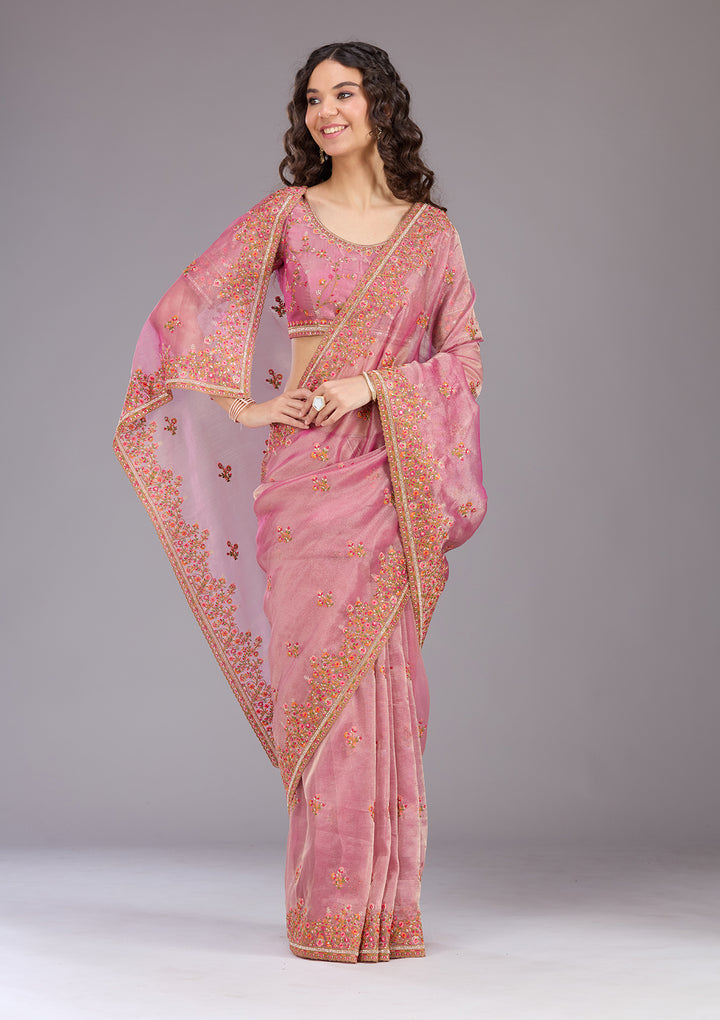 Onion Pink Threadwork Tissue Saree
