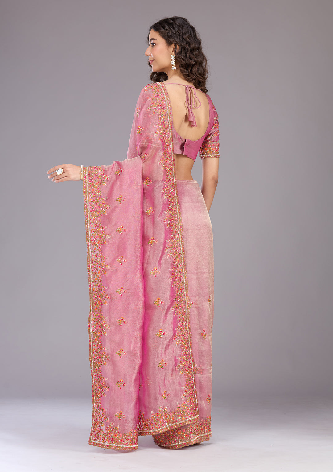 Onion Pink Threadwork Tissue Saree