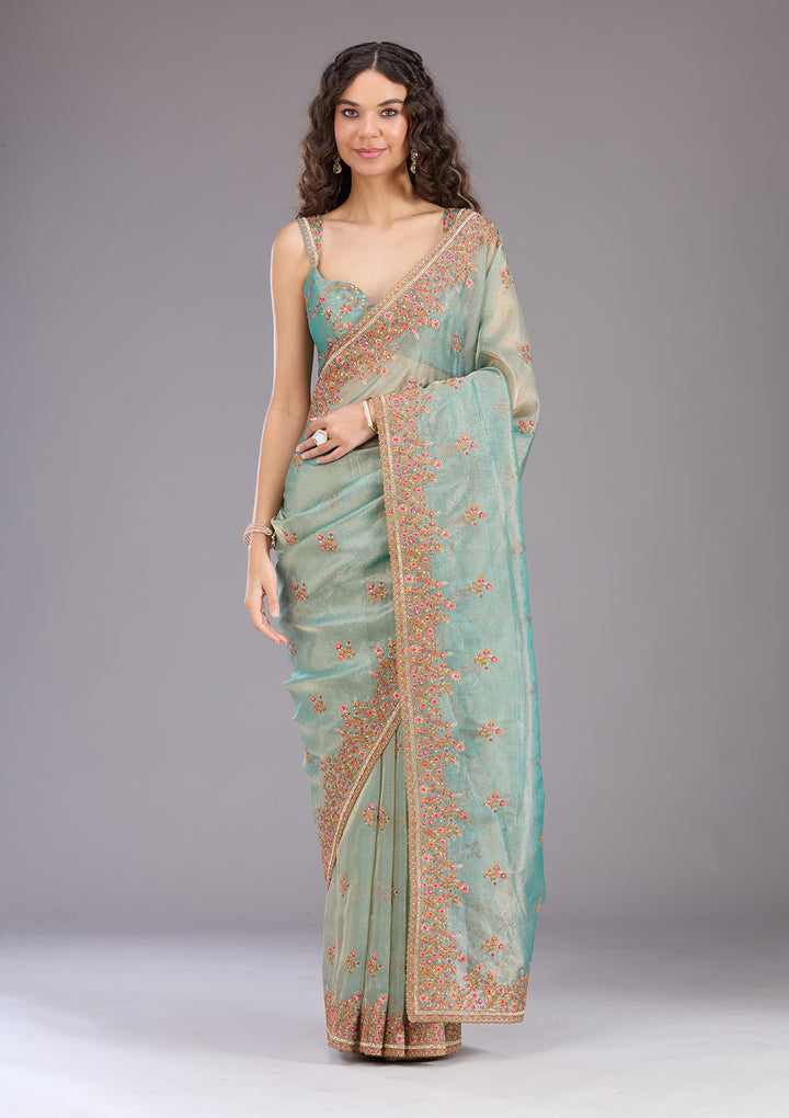 Sea Green Threadwork Tissue Saree