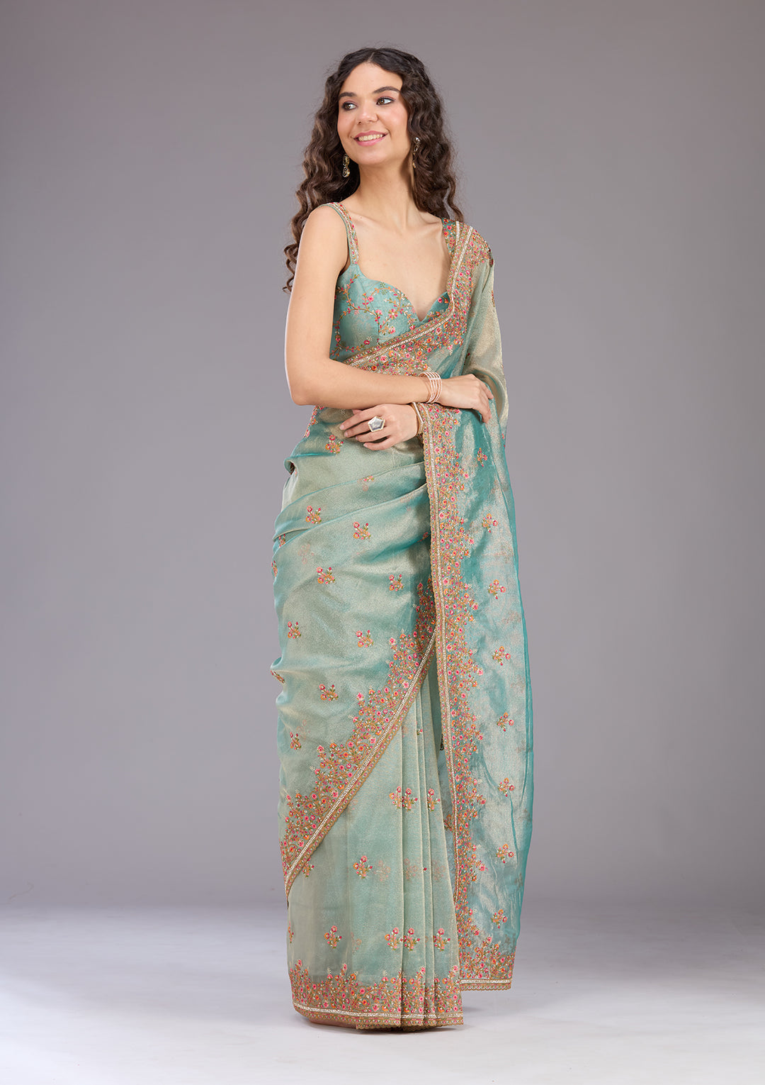 Sea Green Threadwork Tissue Saree