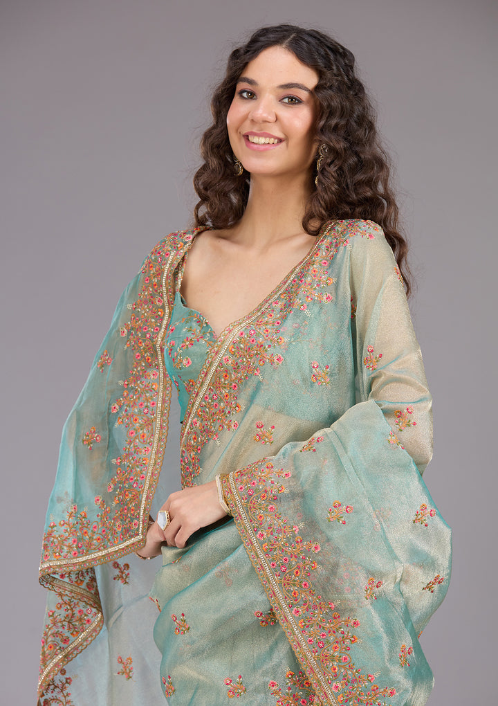 Sea Green Threadwork Tissue Saree