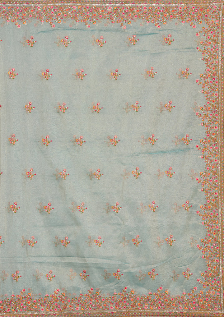 Sea Green Threadwork Tissue Saree