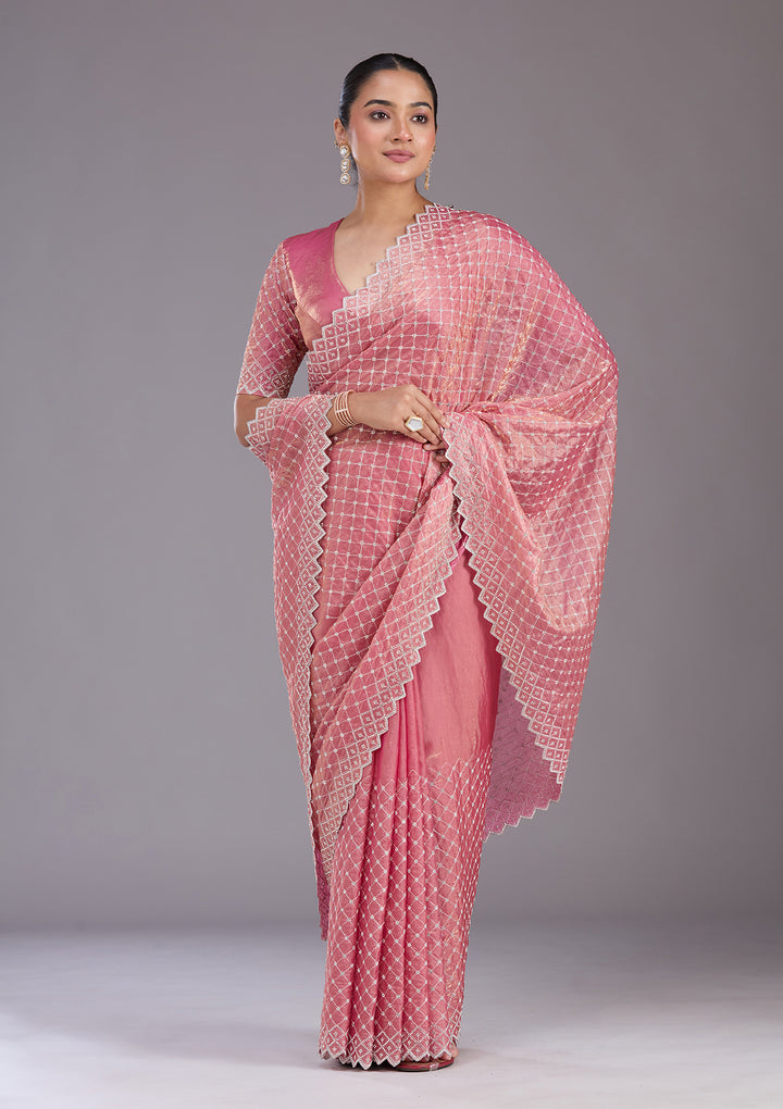 Onion Pink Stonework (Silver) Tissue Saree
