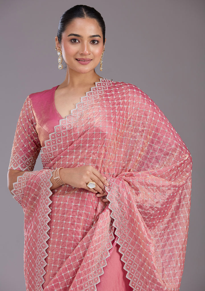 Onion Pink Stonework (Silver) Tissue Saree