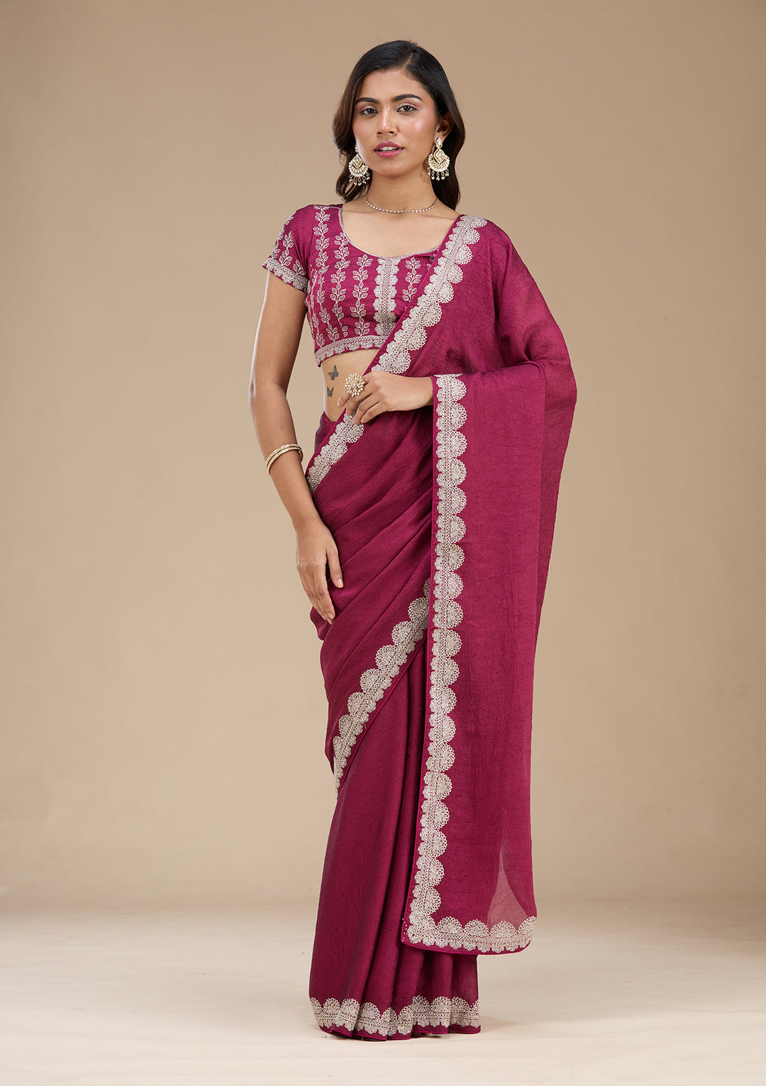 Magenta Pink Zariwork (Silver) Soft Raw Silk Saree