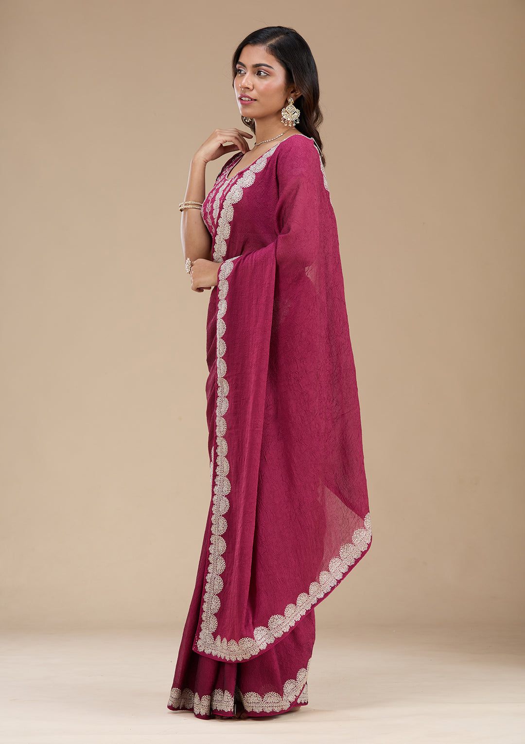 Magenta Pink Zariwork (Silver) Soft Raw Silk Saree