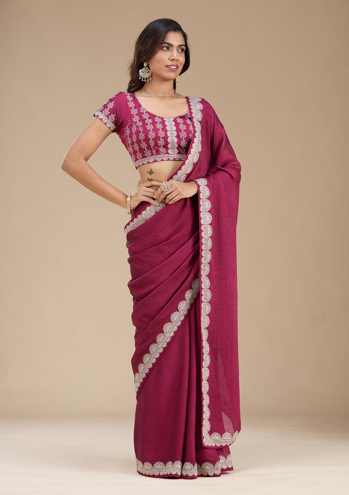 Magenta Pink Zariwork (Silver) Soft Raw Silk Saree