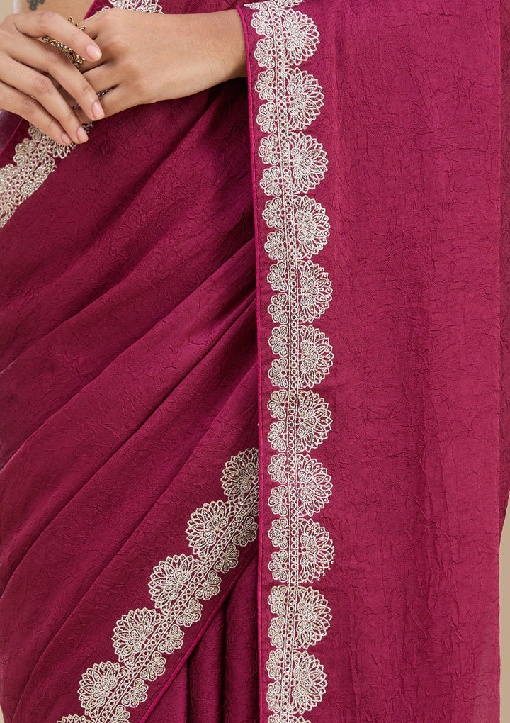 Magenta Pink Zariwork (Silver) Soft Raw Silk Saree