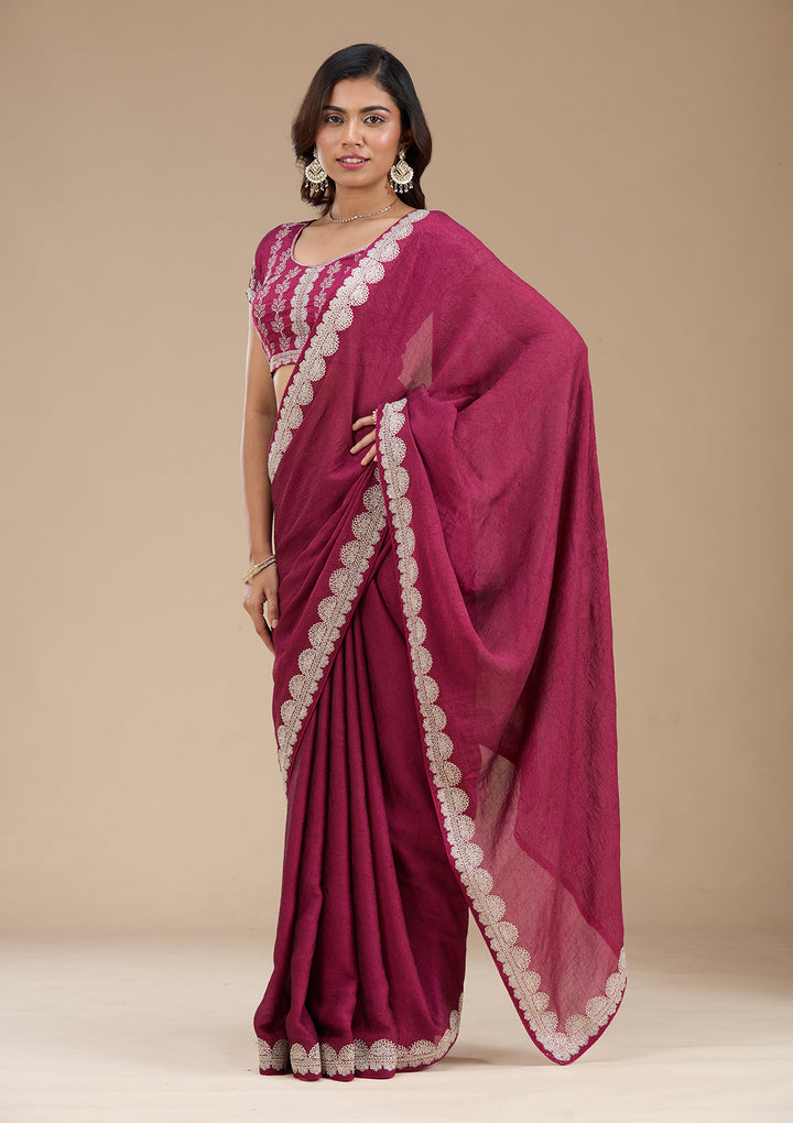 Magenta Pink Zariwork (Silver) Soft Raw Silk Saree