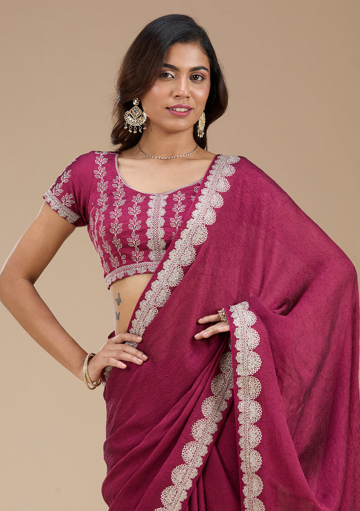 Magenta Pink Zariwork (Silver) Soft Raw Silk Saree