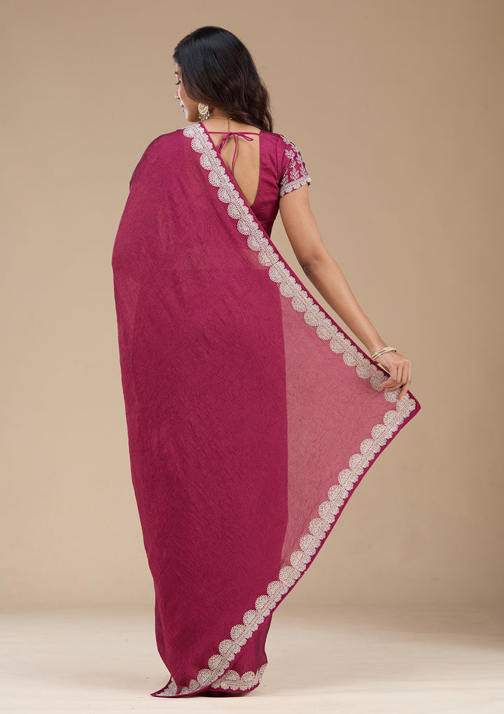 Magenta Pink Zariwork (Silver) Soft Raw Silk Saree