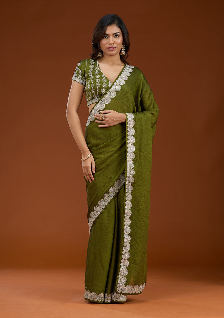 Mehendi Zariwork (Silver) Soft Raw Silk Saree