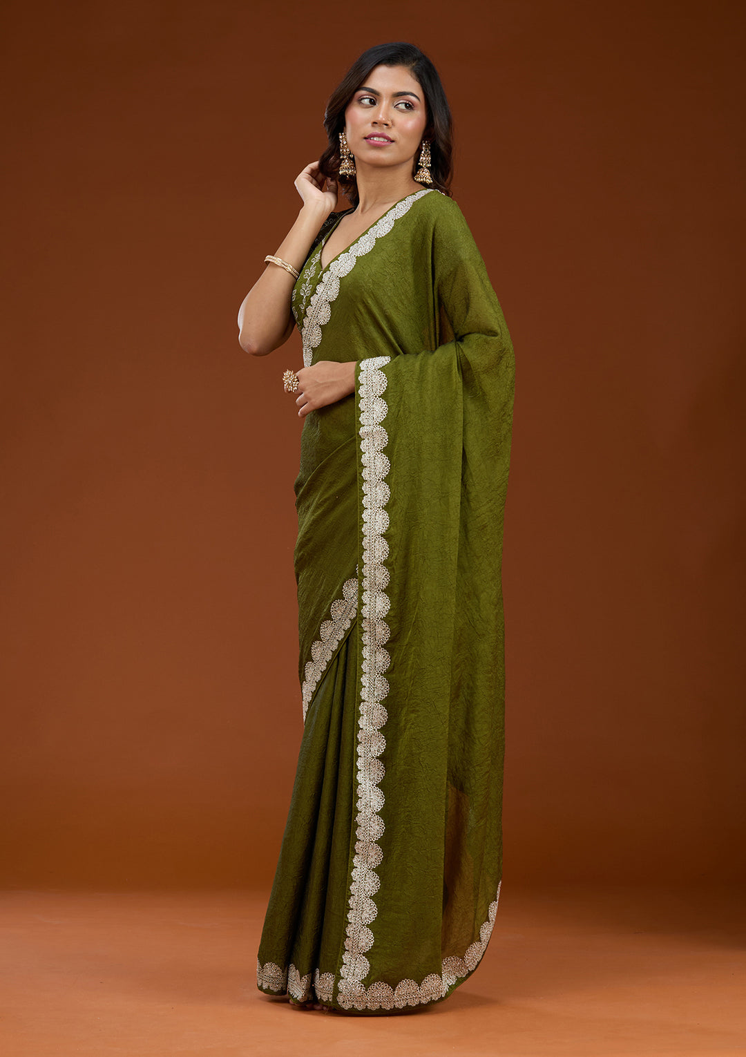 Mehendi Zariwork (Silver) Soft Raw Silk Saree