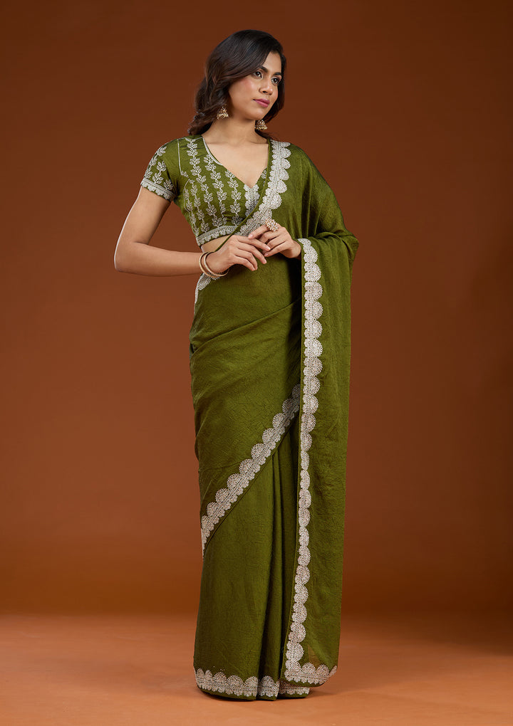 Mehendi Zariwork (Silver) Soft Raw Silk Saree