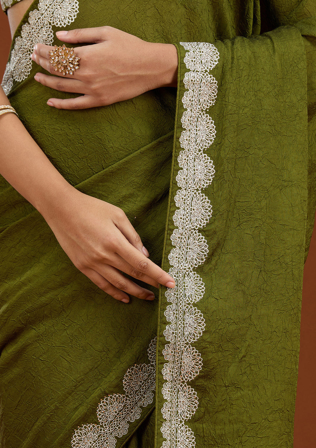Mehendi Zariwork (Silver) Soft Raw Silk Saree