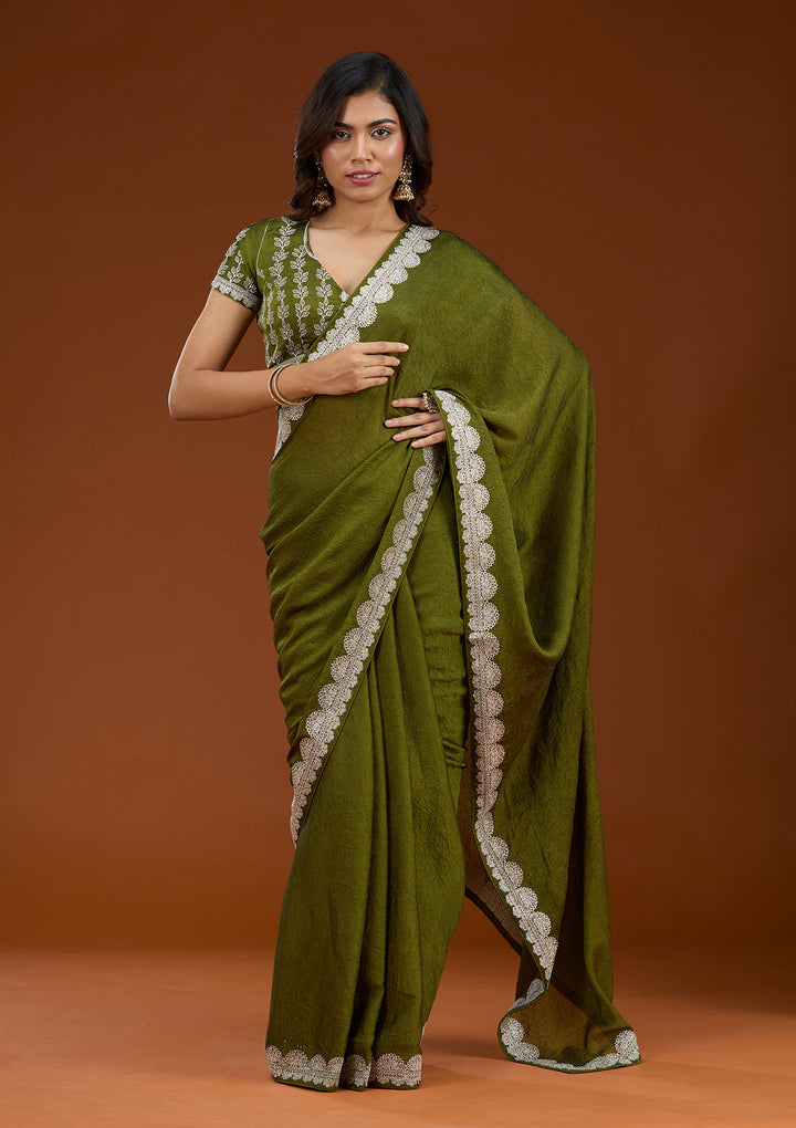 Mehendi Zariwork (Silver) Soft Raw Silk Saree