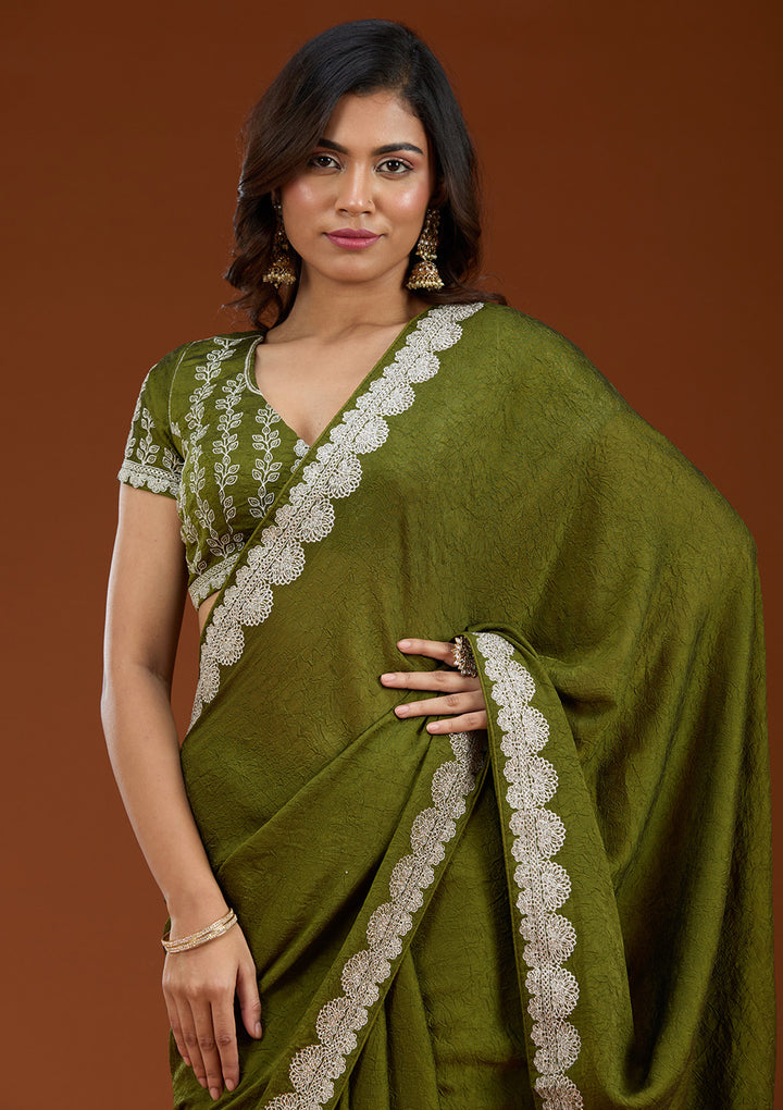 Mehendi Zariwork (Silver) Soft Raw Silk Saree