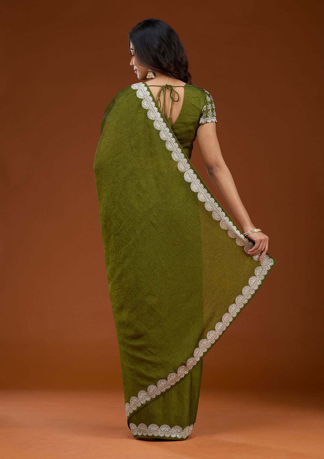 Mehendi Zariwork (Silver) Soft Raw Silk Saree