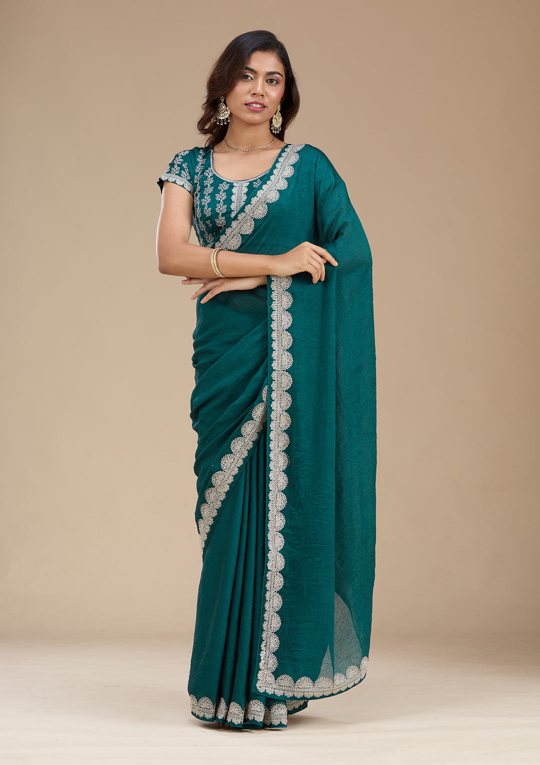 Rama Green Zariwork (Silver) Soft Raw Silk Saree