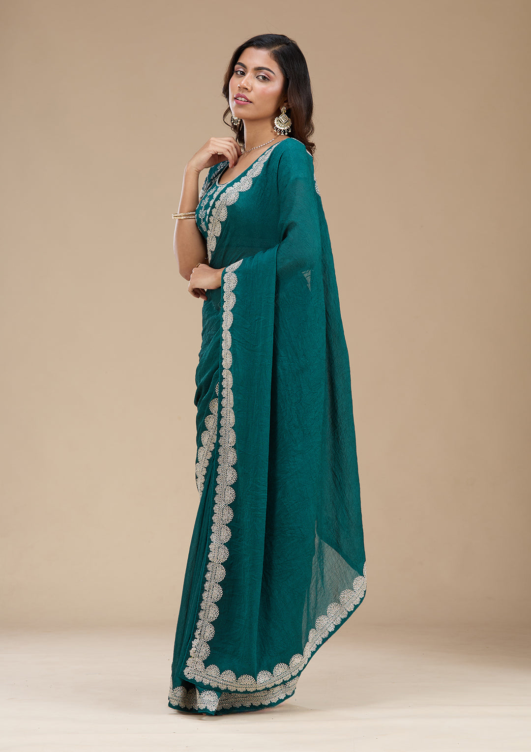 Rama Green Zariwork (Silver) Soft Raw Silk Saree