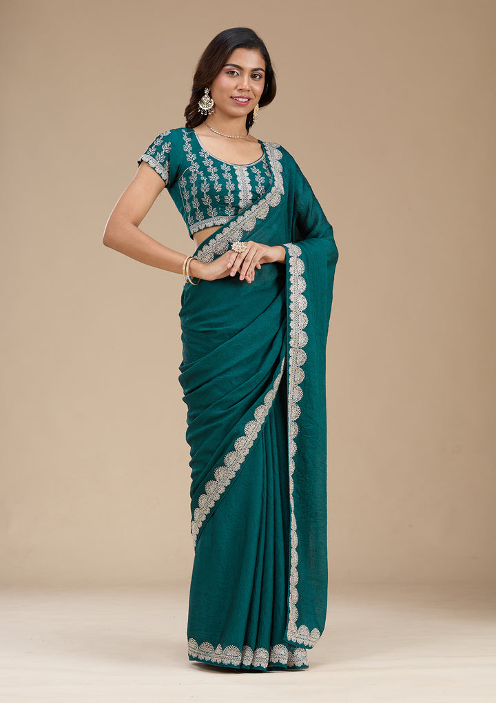Rama Green Zariwork (Silver) Soft Raw Silk Saree