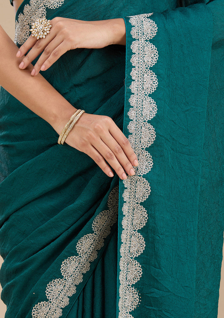 Rama Green Zariwork (Silver) Soft Raw Silk Saree