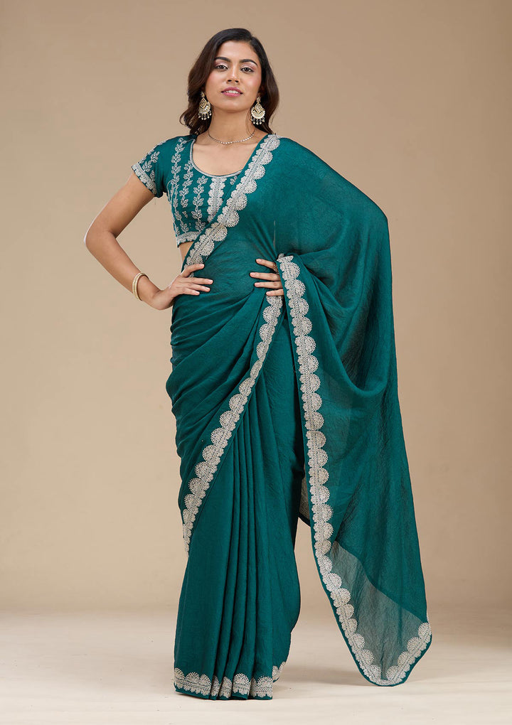 Rama Green Zariwork (Silver) Soft Raw Silk Saree