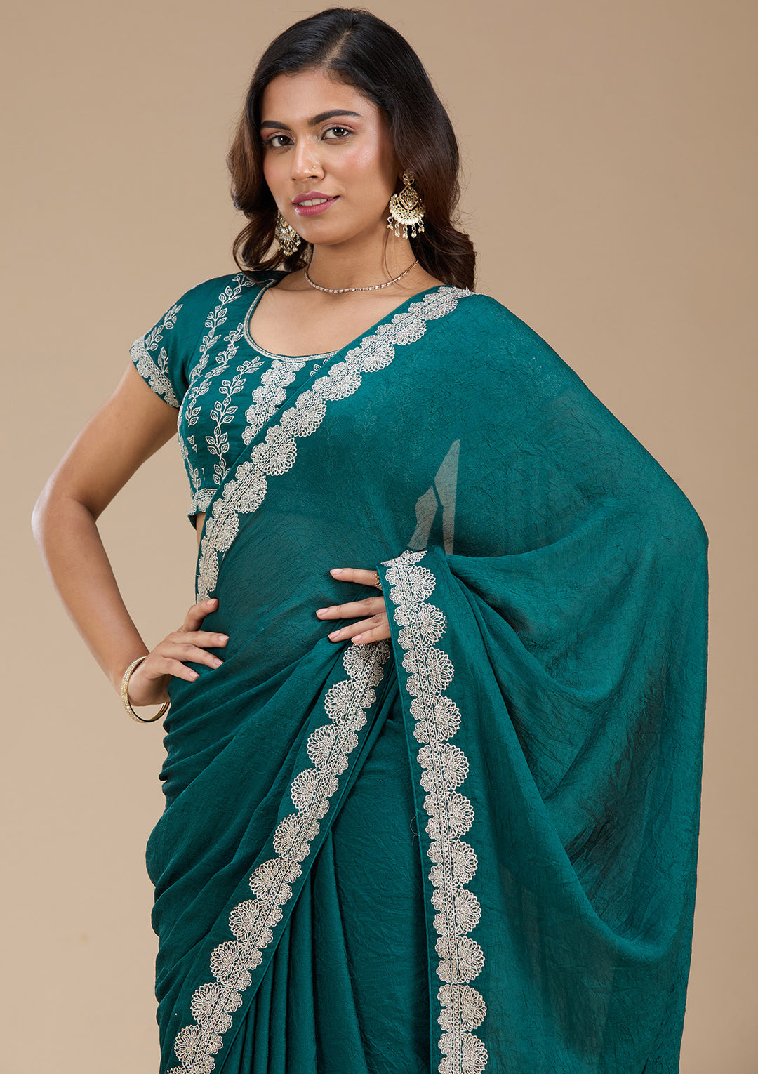 Rama Green Zariwork (Silver) Soft Raw Silk Saree