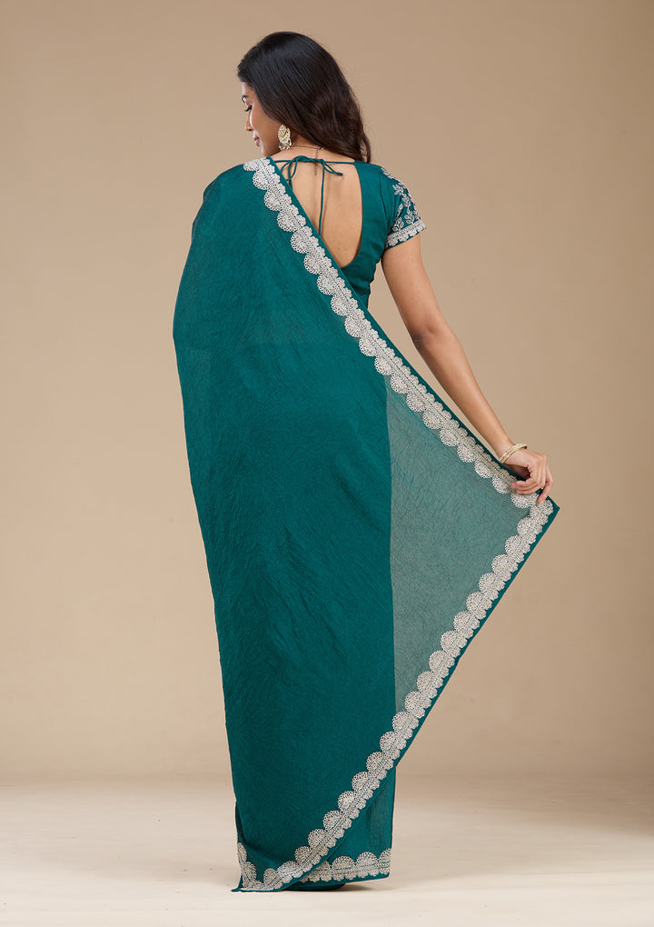 Rama Green Zariwork (Silver) Soft Raw Silk Saree