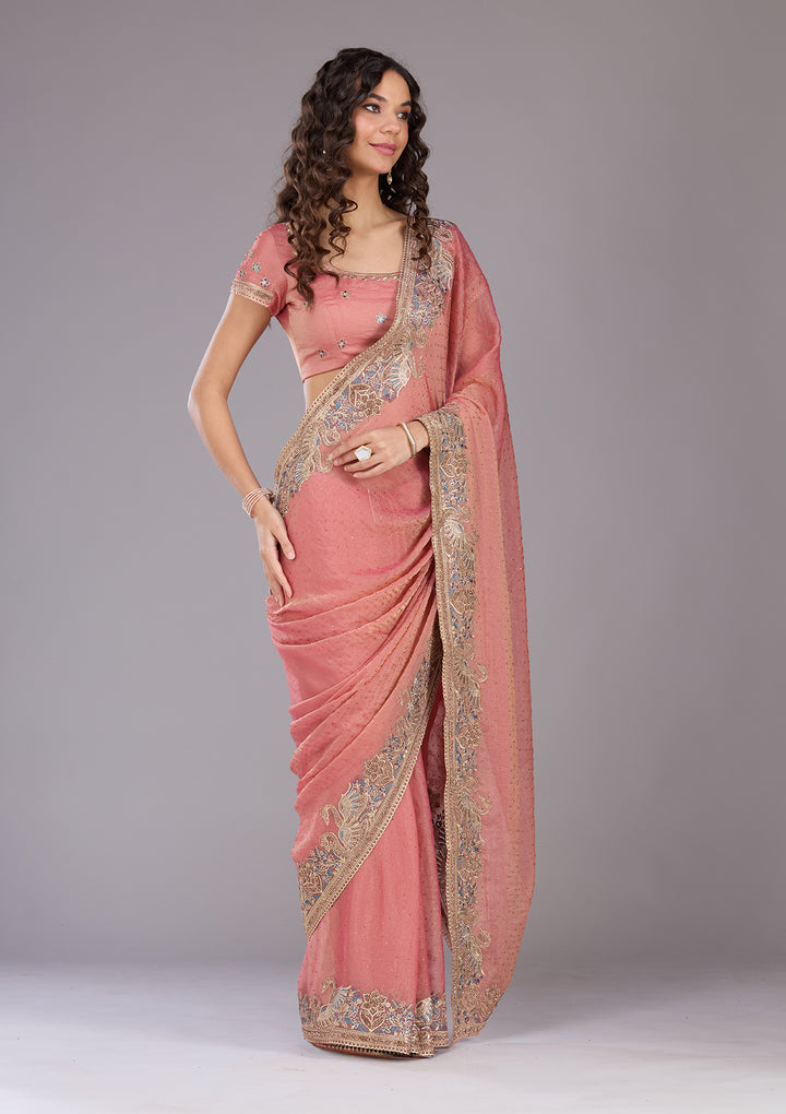 Onion Pink Stonework (Gold) Tissue Saree